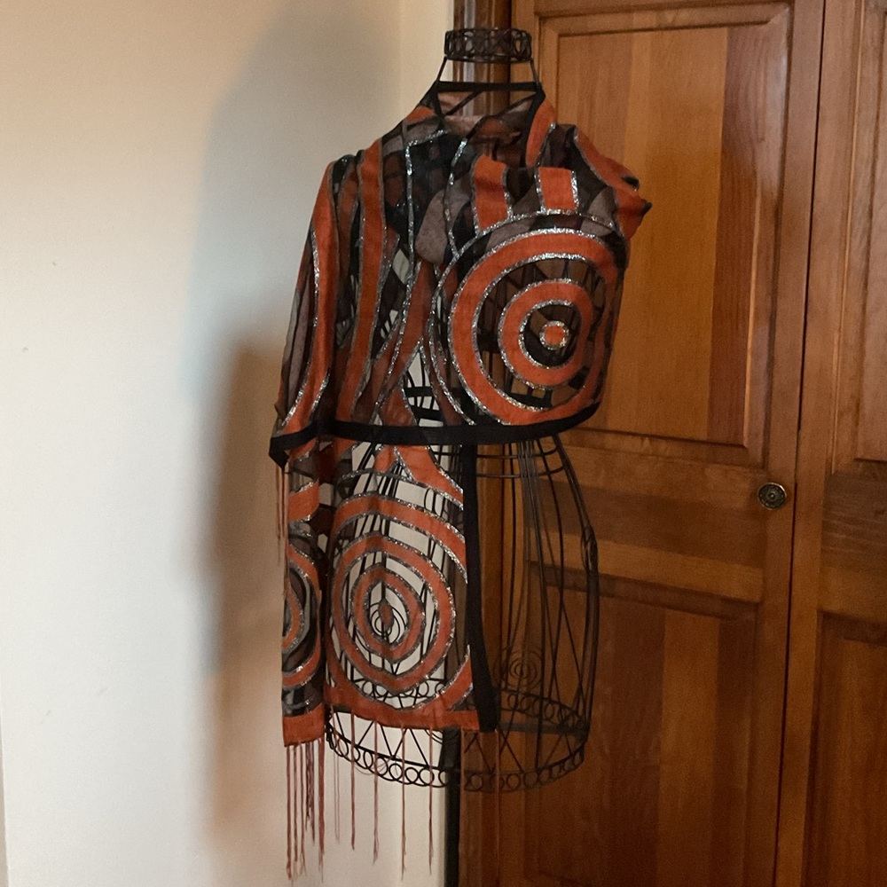 Vintage Orange and Black Spiral Metallic Accent Scarf 60”x18”